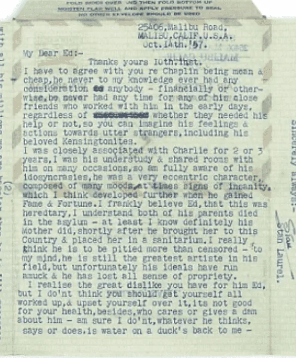 Letter typed by Stan Laurel, October 1957
